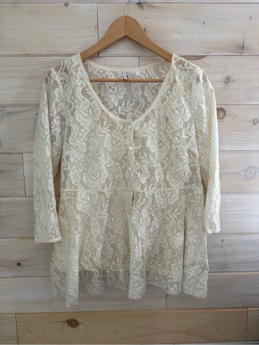 Free People Cream Lace Button-Mid Front Blouse with Cream Fitted Undershirt